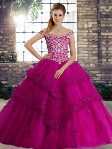Inexpensive Fuchsia Ball Gowns Off The Shoulder Sleeveless Tulle Brush Train Lace Up Beading and Lace Quinceanera Dresses