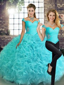 Traditional Floor Length Aqua Blue 15 Quinceanera Dress Fabric With Rolling Flowers Sleeveless Beading