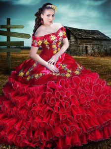 Artistic Red Organza Lace Up Off The Shoulder Sleeveless Floor Length Quinceanera Gown Embroidery and Ruffles