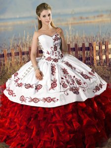 Free and Easy White And Red Sleeveless Floor Length Embroidery and Ruffles Lace Up Quince Ball Gowns