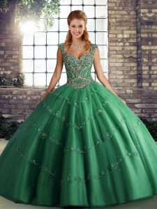 Sleeveless Tulle Floor Length Lace Up 15th Birthday Dress in Green with Beading and Appliques