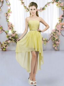Trendy Sleeveless Chiffon High Low Lace Up Vestidos de Damas in Yellow with Beading