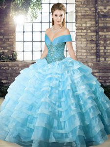 Aqua Blue Quinceanera Gowns Military Ball and Sweet 16 and Quinceanera with Beading and Ruffled Layers Off The Shoulder Sleeveless Brush Train Lace Up
