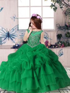 Green Zipper Scoop Beading and Pick Ups Little Girl Pageant Dress Organza Sleeveless
