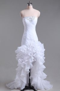 Deluxe White Organza Zipper Wedding Gowns Sleeveless High Low Beading and Ruffles