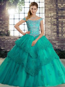 Turquoise Quince Ball Gowns Off The Shoulder Sleeveless Brush Train Lace Up
