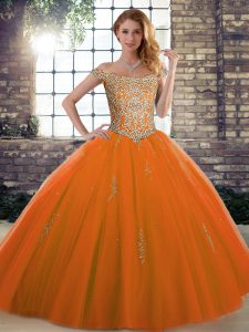 High Quality Orange Red Ball Gowns Off The Shoulder Sleeveless Tulle Floor Length Lace Up Beading Ball Gown Prom Dress