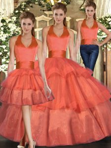 Sleeveless Floor Length Ruffled Layers Lace Up Sweet 16 Quinceanera Dress with Orange