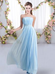 Baby Blue Empire Strapless Sleeveless Chiffon Sweep Train Lace Up Beading Quinceanera Court of Honor Dress