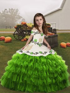 Latest Sleeveless Organza Floor Length Lace Up Girls Pageant Dresses in Green with Embroidery and Ruffled Layers