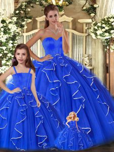 Blue Ball Gowns Sweetheart Sleeveless Tulle Floor Length Lace Up Beading and Ruffles Sweet 16 Dress