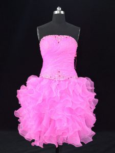 Simple Pink Ball Gowns Organza Strapless Sleeveless Beading Lace Up Evening Dress
