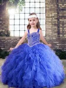Blue Tulle Lace Up Straps Sleeveless Floor Length Child Pageant Dress Beading and Ruffles