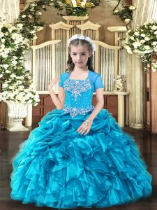 Sleeveless Organza Floor Length Lace Up Custom Made Pageant Dress in Baby Blue with Beading and Ruffles