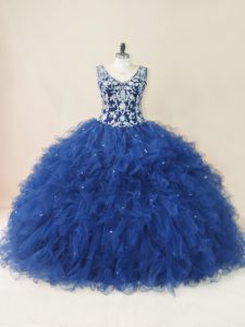 Amazing Embroidery and Ruffles 15th Birthday Dress Navy Blue Backless Sleeveless Floor Length