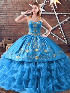 Blue Lace Up Sweet 16 Dresses Embroidery and Ruffled Layers Sleeveless Floor Length