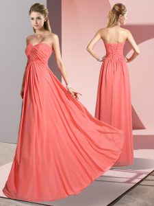 Extravagant Watermelon Red Empire Ruching Prom Party Dress Lace Up Chiffon Sleeveless Floor Length