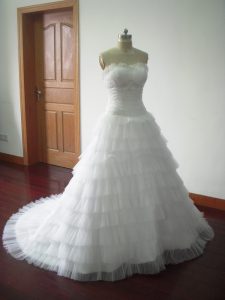 Deluxe White Sleeveless Beading and Ruffled Layers Lace Up Wedding Gown