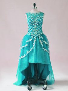 Designer Teal Scoop Neckline Beading and Appliques Prom Party Dress Sleeveless Zipper
