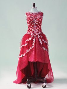 Affordable Wine Red A-line Tulle Scoop Sleeveless Beading and Appliques High Low Zipper Prom Dresses
