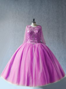 Perfect Floor Length Lace Up Ball Gown Prom Dress Lilac for Sweet 16 and Quinceanera with Beading