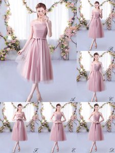 Captivating Tea Length Lace Up Damas Dress Pink for Wedding Party with Belt