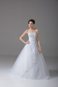 Low Price White Strapless Lace Up Beading and Lace Wedding Gowns Brush Train Sleeveless