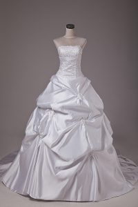 Dynamic White Ball Gowns Taffeta Strapless Sleeveless Embroidery and Pick Ups Lace Up Wedding Dresses Brush Train