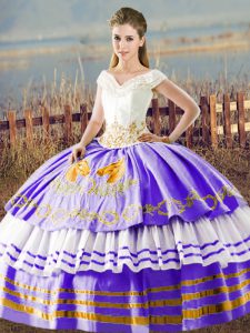 Delicate Floor Length Ball Gowns Sleeveless White And Purple 15 Quinceanera Dress Lace Up