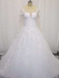 Pretty White Scoop Neckline Beading and Lace Wedding Gown Long Sleeves Zipper