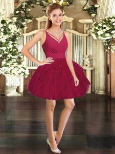 Flare V-neck Sleeveless Backless Prom Dresses Wine Red Tulle