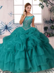 Elegant Teal Sleeveless Organza Brush Train Zipper Ball Gown Prom Dress for Military Ball and Sweet 16 and Quinceanera
