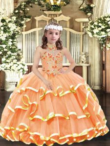 Wonderful Ball Gowns Little Girl Pageant Gowns Orange Halter Top Organza Sleeveless Floor Length Lace Up