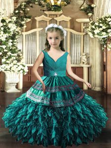 Superior V-neck Sleeveless Backless Girls Pageant Dresses Teal Organza