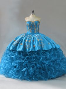 Attractive Embroidery and Ruffles Quinceanera Gowns Blue Lace Up Sleeveless Brush Train