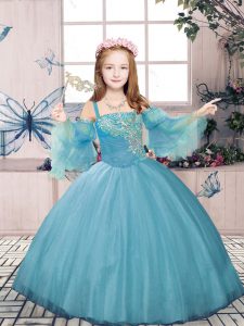 Floor Length Blue Pageant Gowns For Girls Tulle Sleeveless Beading