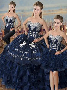 High Low Navy Blue Vestidos de Quinceanera Satin and Organza Sleeveless Embroidery and Ruffles