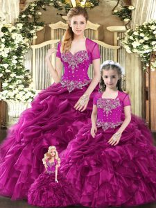 Fuchsia Organza Lace Up Sweetheart Sleeveless Floor Length Quinceanera Dresses Beading and Ruffles and Pick Ups