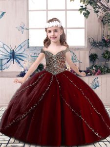 Floor Length Ball Gowns Sleeveless Wine Red Little Girls Pageant Gowns Lace Up