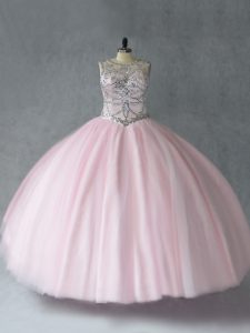 Floor Length Lace Up Quinceanera Gown Baby Pink for Sweet 16 and Quinceanera with Beading