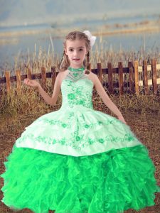 Beautiful Green Lace Up Little Girls Pageant Gowns Beading and Embroidery and Ruffles Sleeveless Floor Length