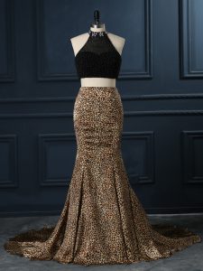 Luxurious High-neck Sleeveless Prom Party Dress Court Train Beading Black Printed
