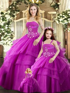 Adorable Fuchsia Tulle Lace Up Strapless Sleeveless Floor Length Sweet 16 Dresses Beading