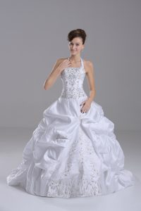 Custom Design Sleeveless Brush Train Beading and Embroidery and Pick Ups Lace Up Wedding Dresses