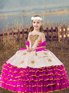 Fuchsia Lace Up Straps Beading and Embroidery and Ruffled Layers Kids Pageant Dress Organza Sleeveless