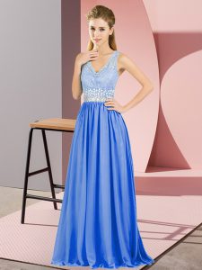 Custom Designed Floor Length Blue Pageant Dress for Teens V-neck Sleeveless Backless