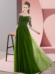 Eye-catching Olive Green Empire Bateau Half Sleeves Chiffon Floor Length Lace Up Beading and Lace Quinceanera Dama Dress