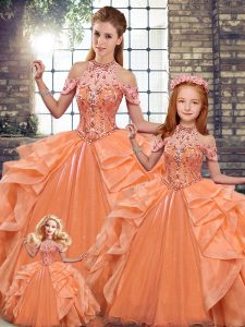 Luxurious Orange Halter Top Neckline Beading and Ruffles Quinceanera Gowns Sleeveless Lace Up
