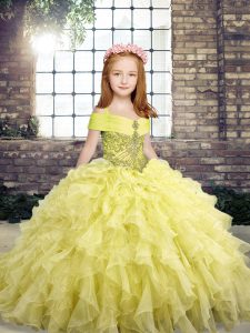 Floor Length Ball Gowns Sleeveless Yellow Kids Pageant Dress Lace Up