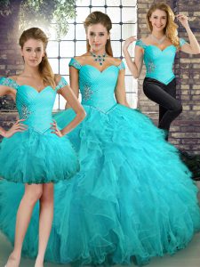 Floor Length Lace Up Quince Ball Gowns Aqua Blue for Military Ball and Sweet 16 and Quinceanera with Beading and Ruffles